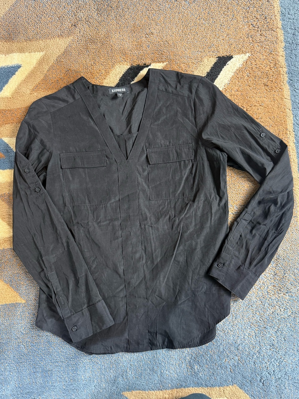 Express Black V-Neck Long-Sleeve Button Tab Blouse